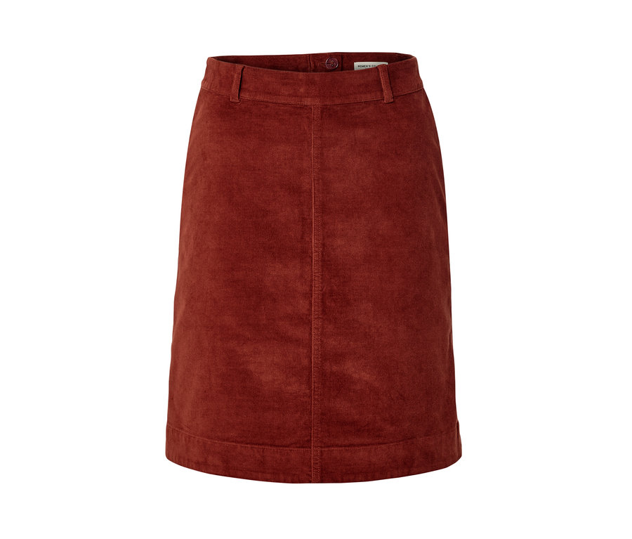 Egy rozsdabarna női kordbársony szoknya részlete.