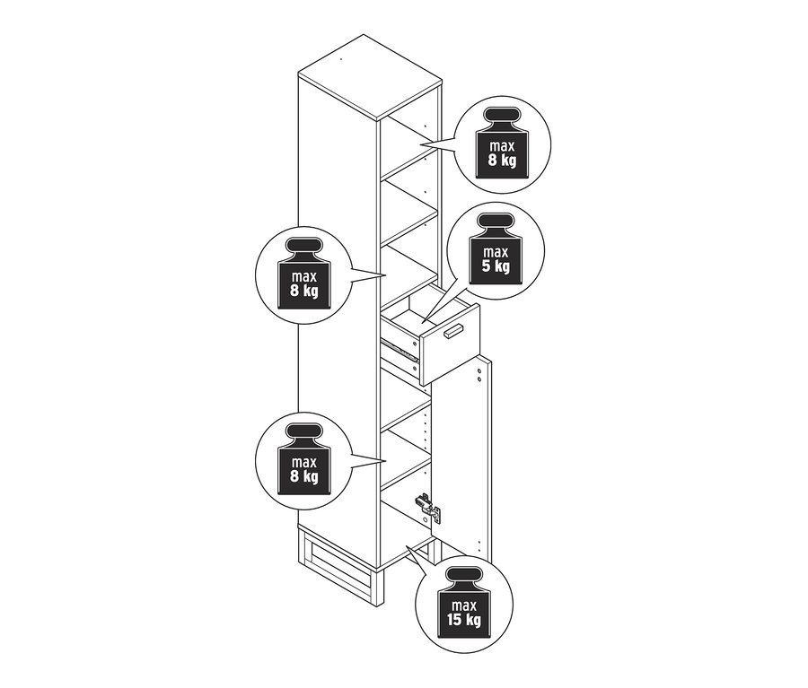 Egy keskeny, fehér fürdőszobai magas szekrény rajza.