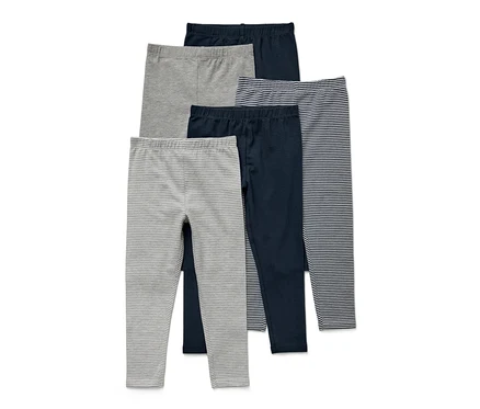 Öt különböző színű és mintázatú kisgyerek leggings.
