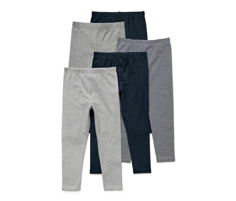 Öt különböző színű és mintázatú kisgyerek leggings.