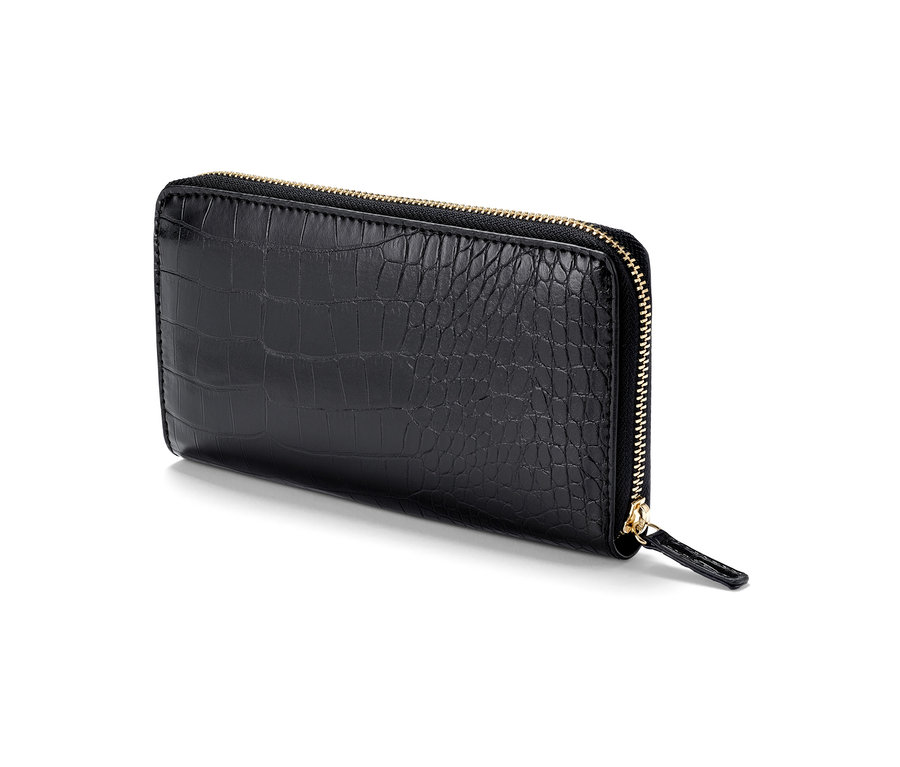 Fekete, krokodilbőr textúrájú, cipzáras női pénztárca.