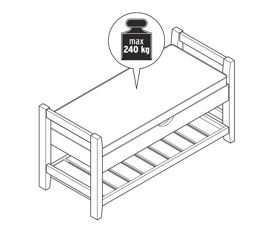 Illusztráció egy kárpitozott pad, tárolóval és maximum 240 kg-os terhelhetőséggel.