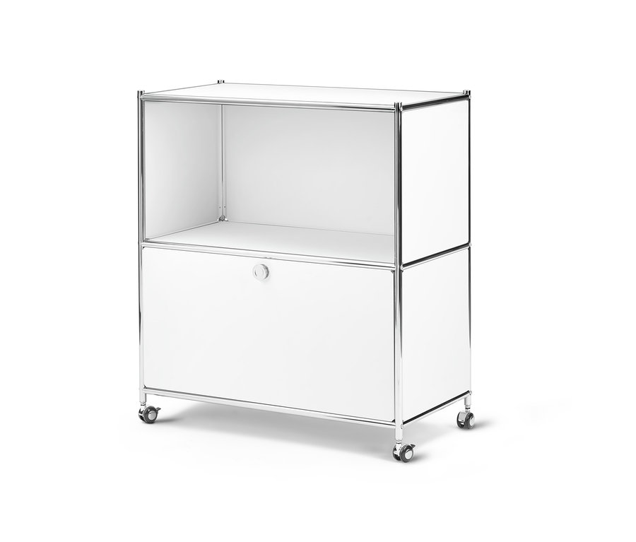 Fehér Polcos komód »CN3« lenyitható ajtóval, görgőkkel.