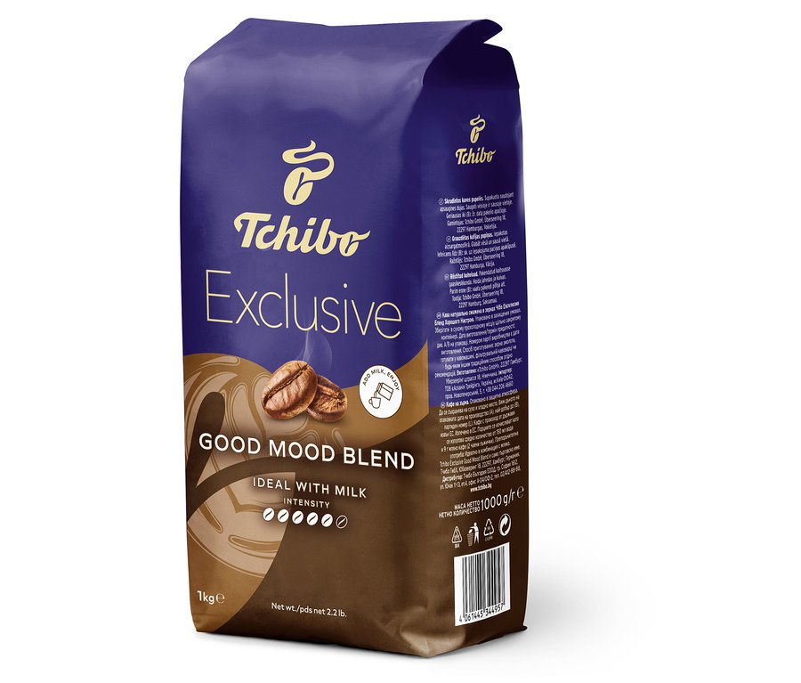 Egy csomag Tchibo Exclusive Good Mood Blend - 1x 1 kg-os egész babkávé.