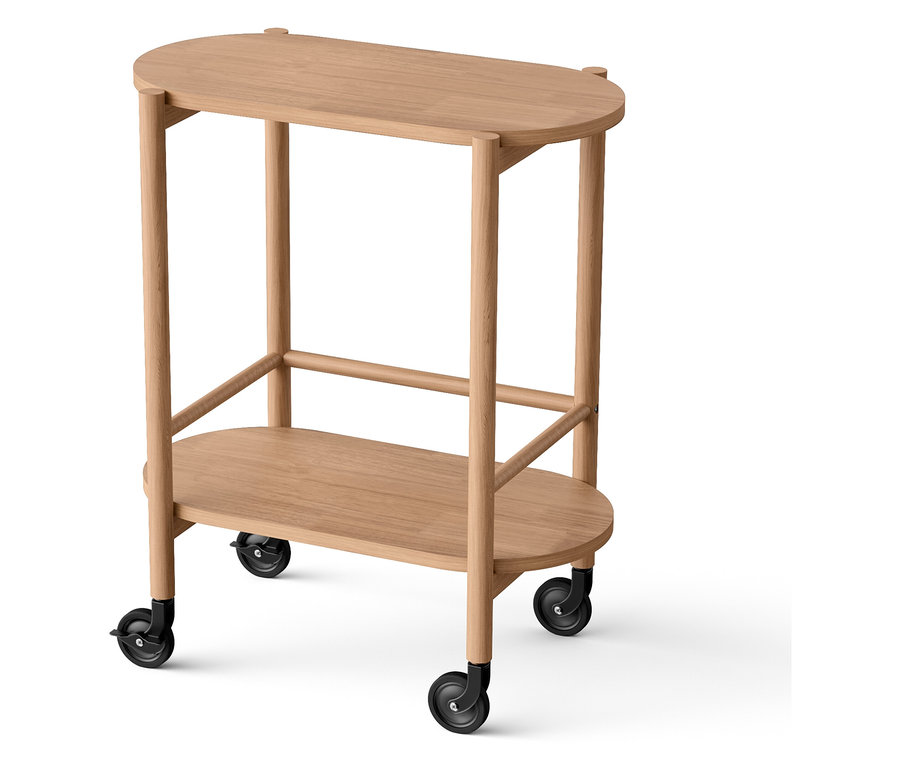 Két szintes fa tálalókocsi kerekeken.