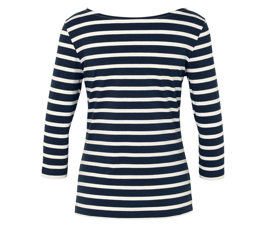 Egy hosszú ujjú, csíkos póló tengerészkék és fehér színben.