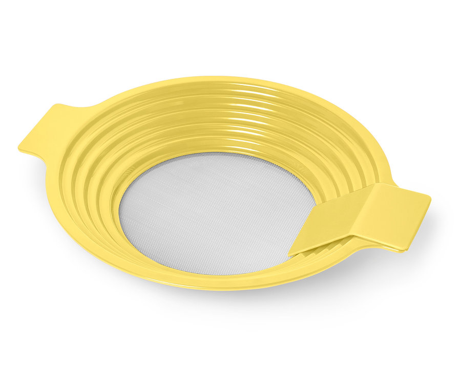 Sárga szilikon fedő egy serpenyőhöz, átlátszó középpel.