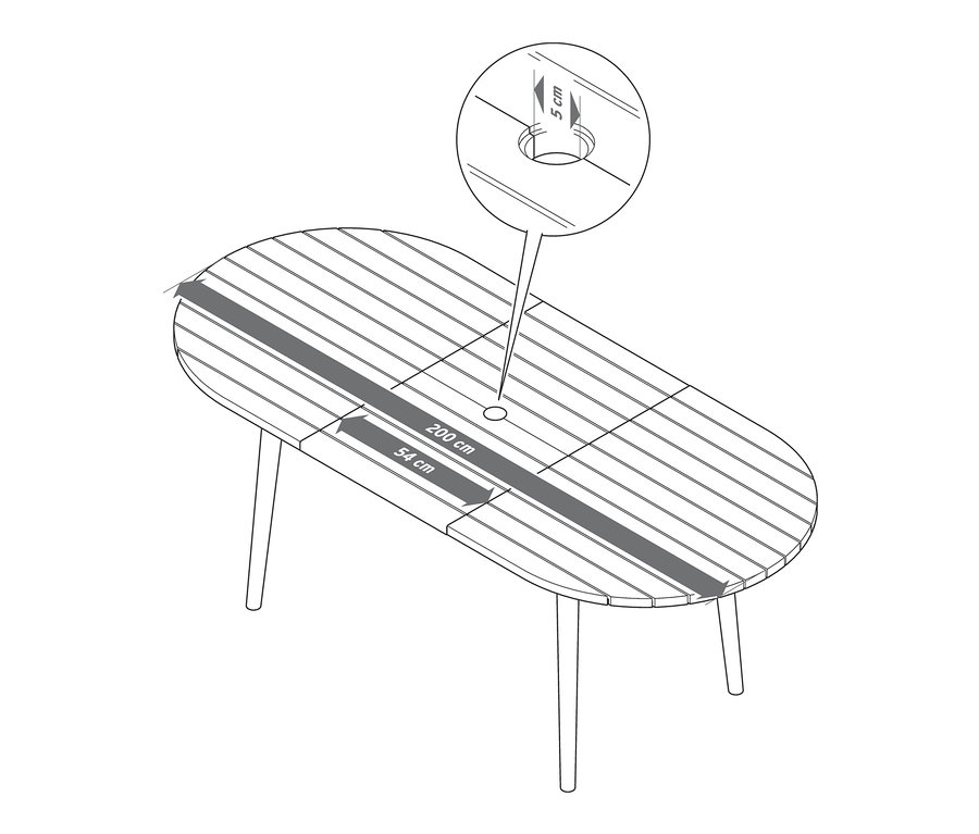 Illusztráció egy kihúzható ovális asztalról, megjelölt méretekkel és részletekkel.