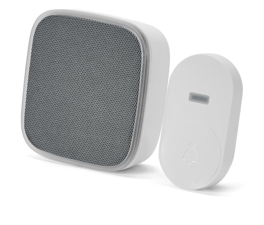 Fehér Funktürklingel vezeték nélküli csengő szürke hangszóróráccsal.