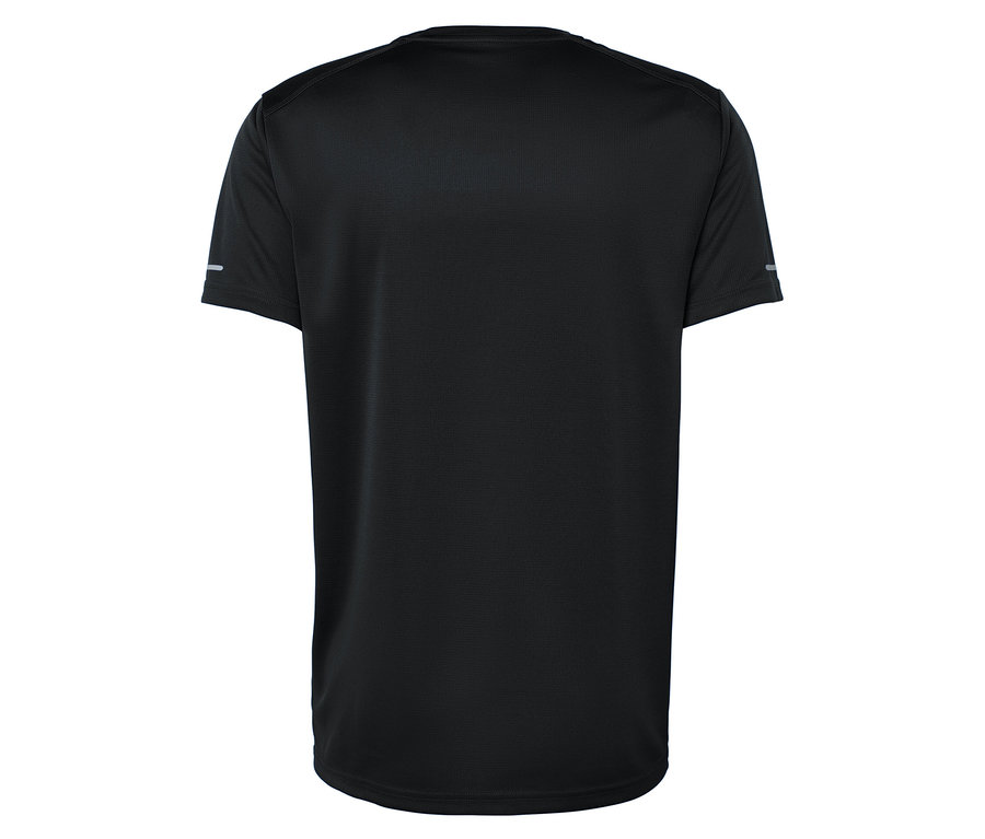 Hátulnézet egy fekete, rövid ujjú pólóról.