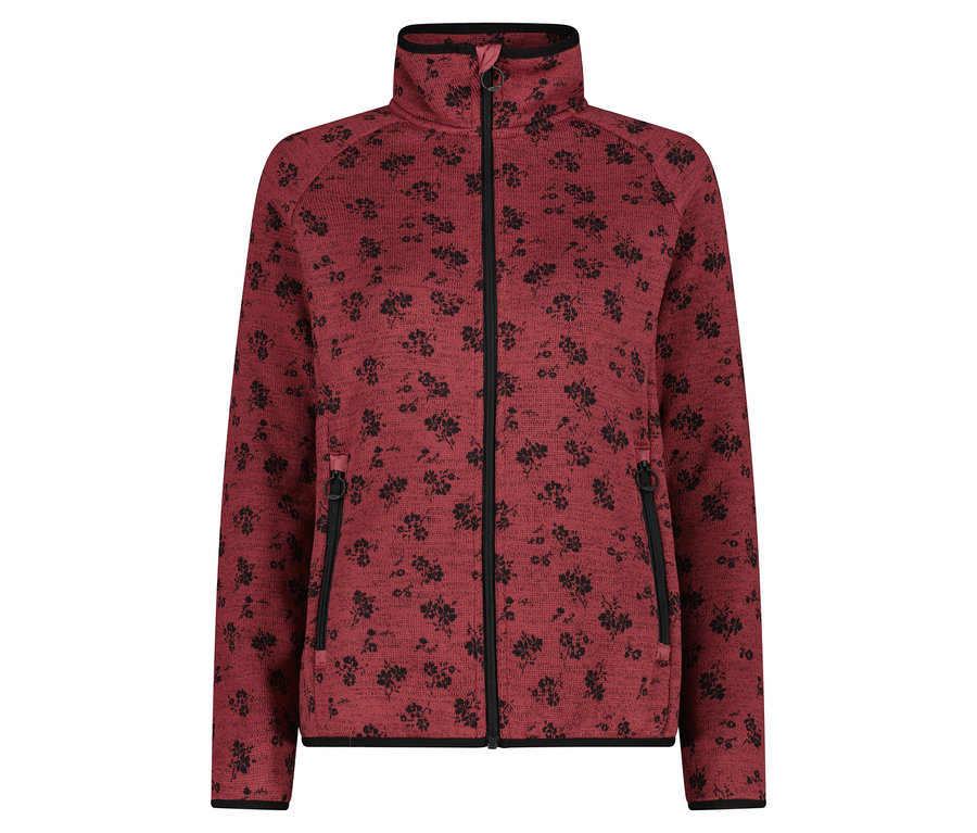 Bordó színű, cipzáras, fekete virágmintás fleece kabát.