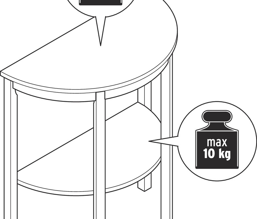Egy félkör alakú konzol rajza, amelynek maximális terhelhetősége felül 15 kg, alul 10 kg.
