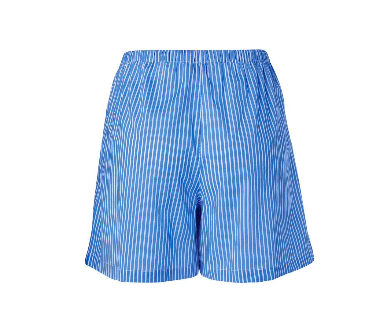 Kék szövött rövidnadrág fehér csíkokkal.