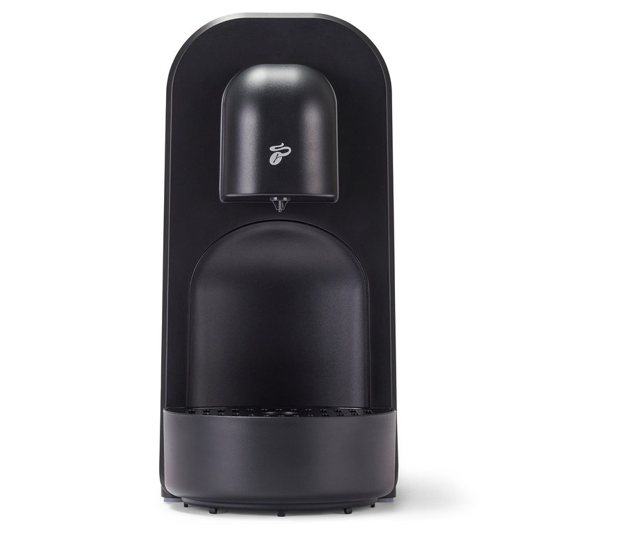 Fekete Cafissimo now white kávéfőző elölről, kávébab logóval a tetején.