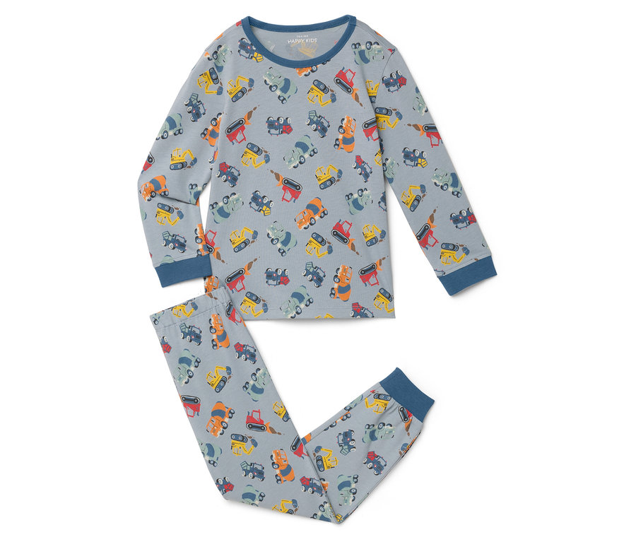 Egy világosszürke, kotrógép mintás pizsama fekszik laposan egy fehér felületen.