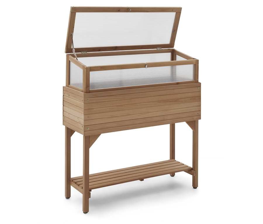 Egy fa magaságyás átlátszó fedéllel, fehér háttér előtt.