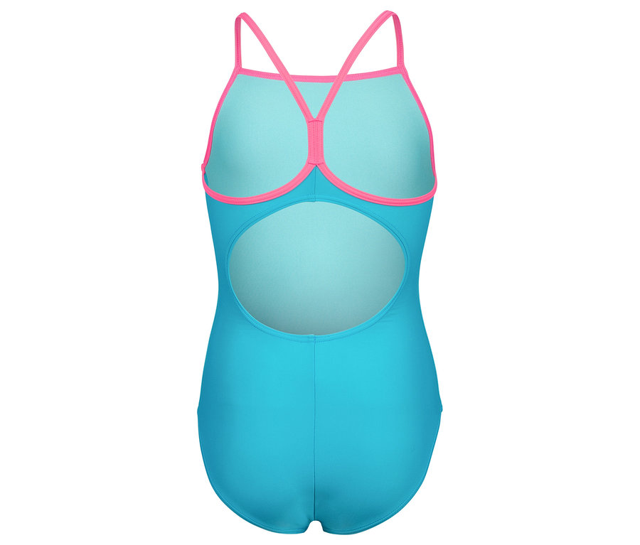 Hátulnézet egy türkiz fürdőruháról rózsaszín pántokkal.