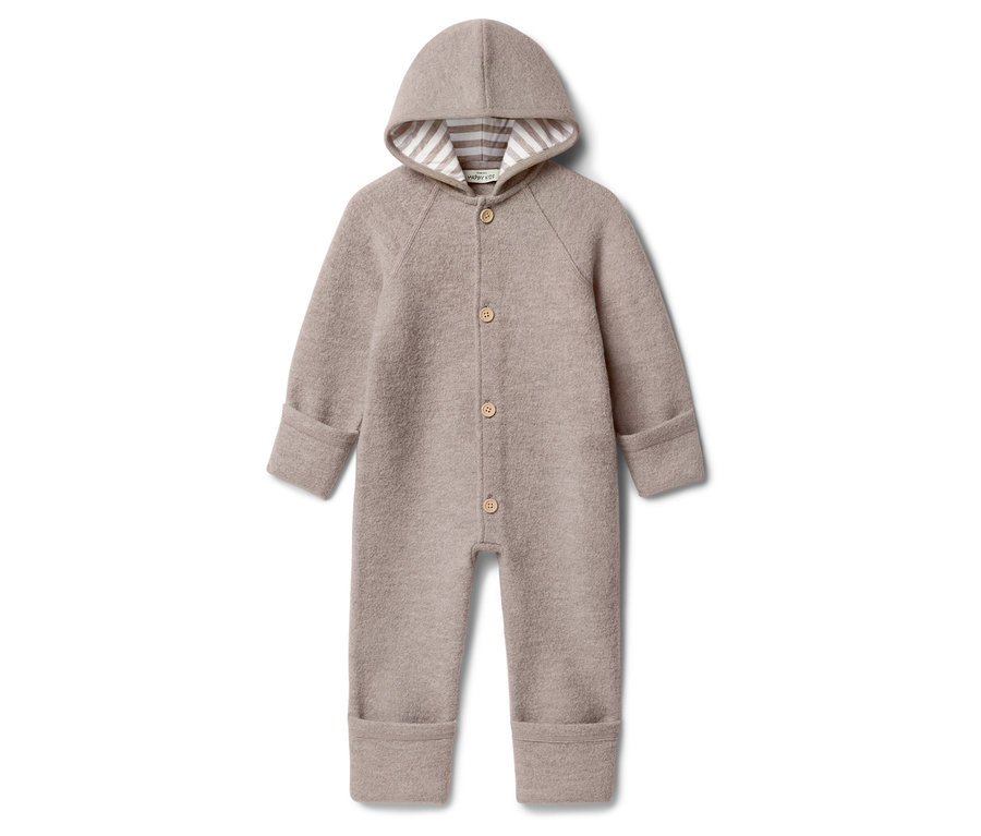 Bézs színű gyapjú overall kapucnival és gombokkal.