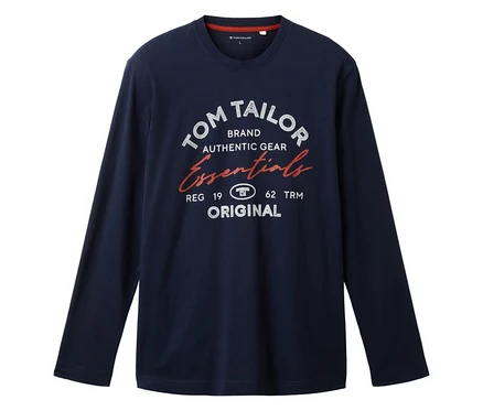 Sötétkék Tom Tailor hosszú ujjú póló fehér nyomtatással.
