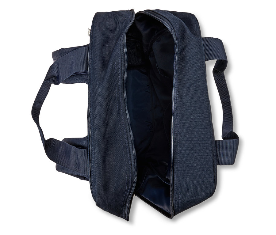 Sötétkék, cipzáras kézitáska, látható béléssel.