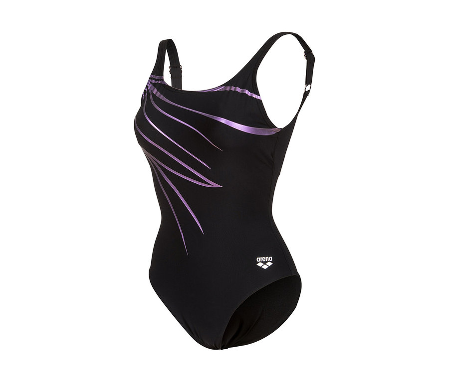 Fekete arena Shapewear Lili női fürdőruha, B kosárméret, lila hullámos vonalakkal a bal oldalon és állítható pántokkal.