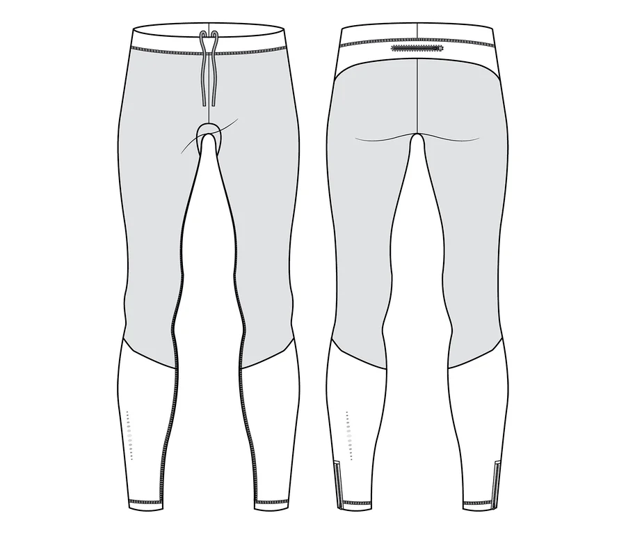 Sportleggings műszaki rajza, elöl- és hátulnézetben. A leggings főként szürke, fehér panelekkel az alsó lábszárakon. Az elölnézet fehér derékpántot mutat húzózsinórral. A hátulnézet fehér derékpántot ábrázol egy kis cipzáras zsebbel és bokacipzárakkal. Mindkét alsó fehér panelen apró fényvisszaverő pontok vannak.