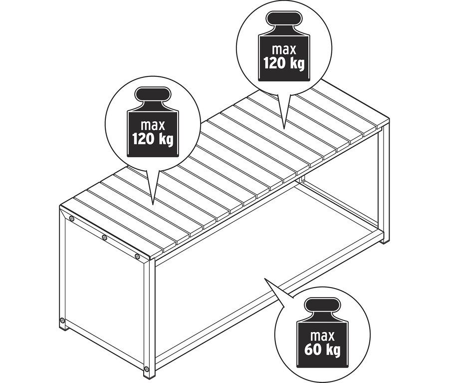 Egy 110 cm-es tűzifatároló pad vázlatrajza, léces felső felülettel, melynek maximális terhelhetősége 120 kg, és nyitott alsó rekesszel, mely 60 kg-ot bír el.
