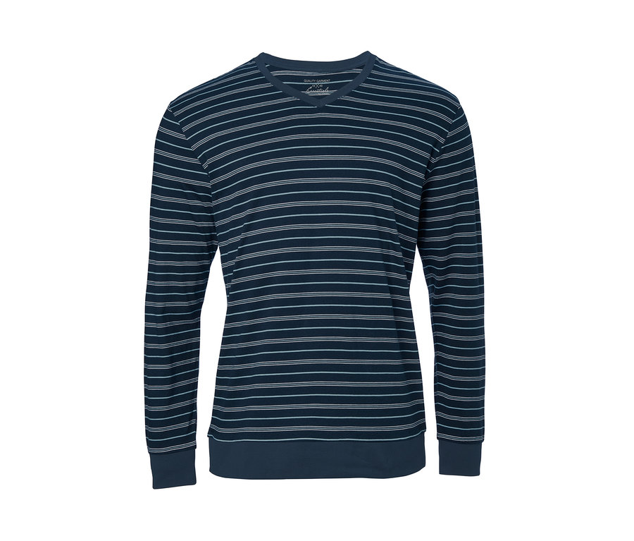 Egy kék, csíkos férfi pizsama.