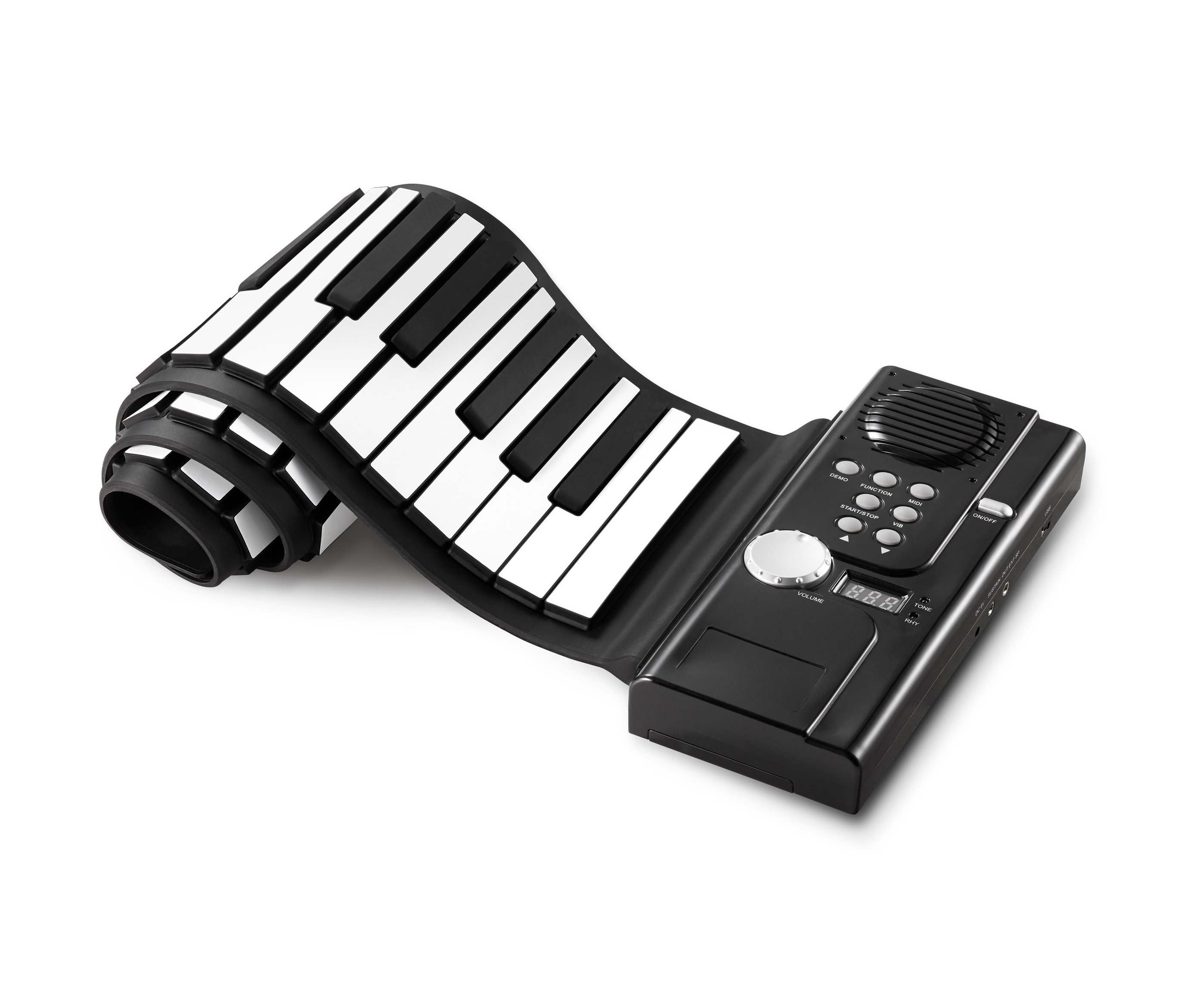 Fekete elektronikus, feltekerhető zongora fehér és fekete billentyűkkel.