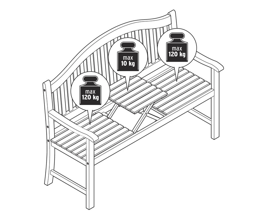 Egy rajz egy »Lenja« kerti padról, felhajtható tálcaasztallal, maximum 120 kg-os súllyal.