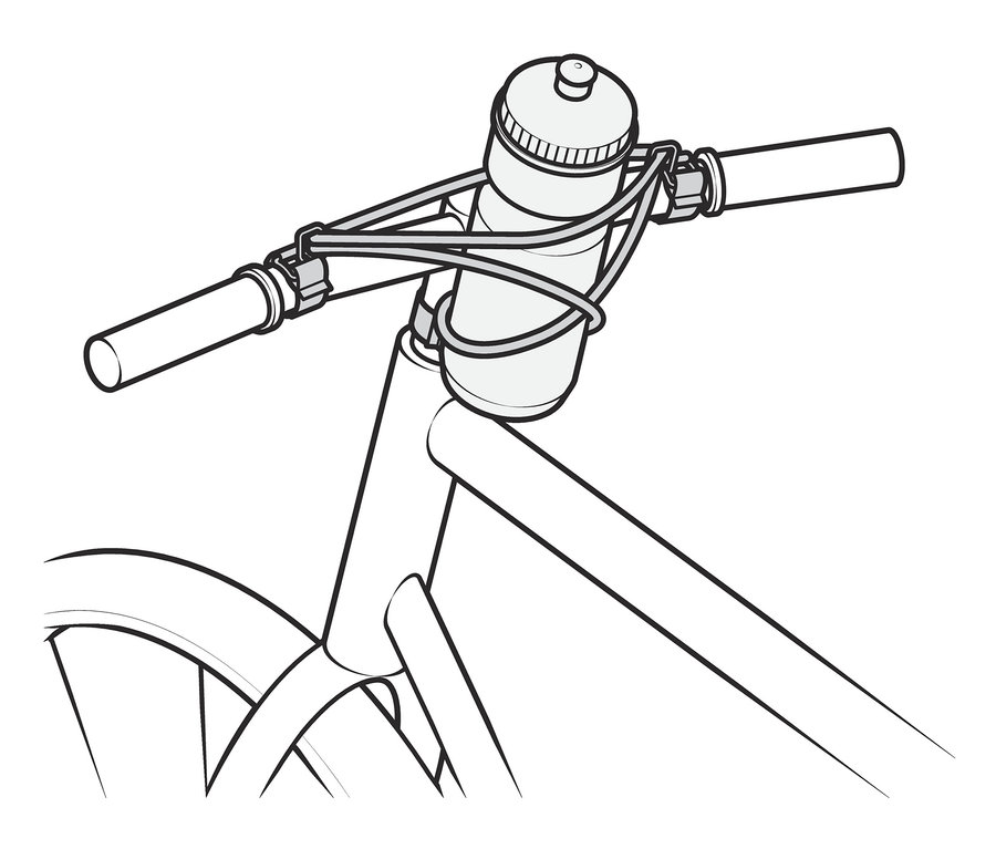 A kormányra kerékpáros csomagrögzítő pánttal rögzített palack.