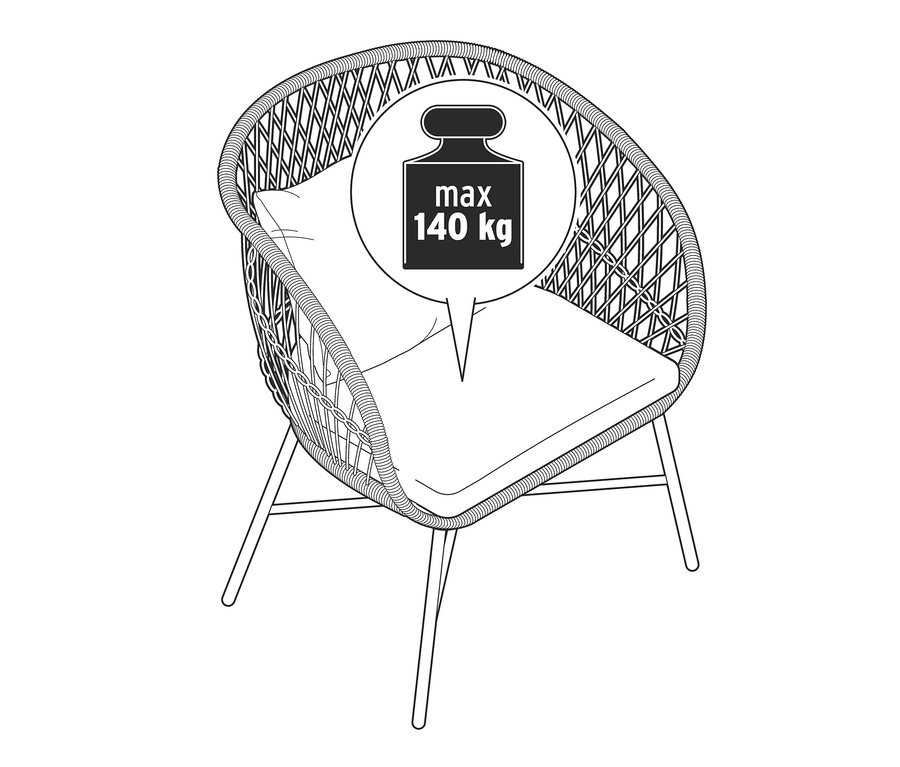 Egy polyrattan kerti fotel illusztrációja, max. 140 kg terhelhetőséggel.