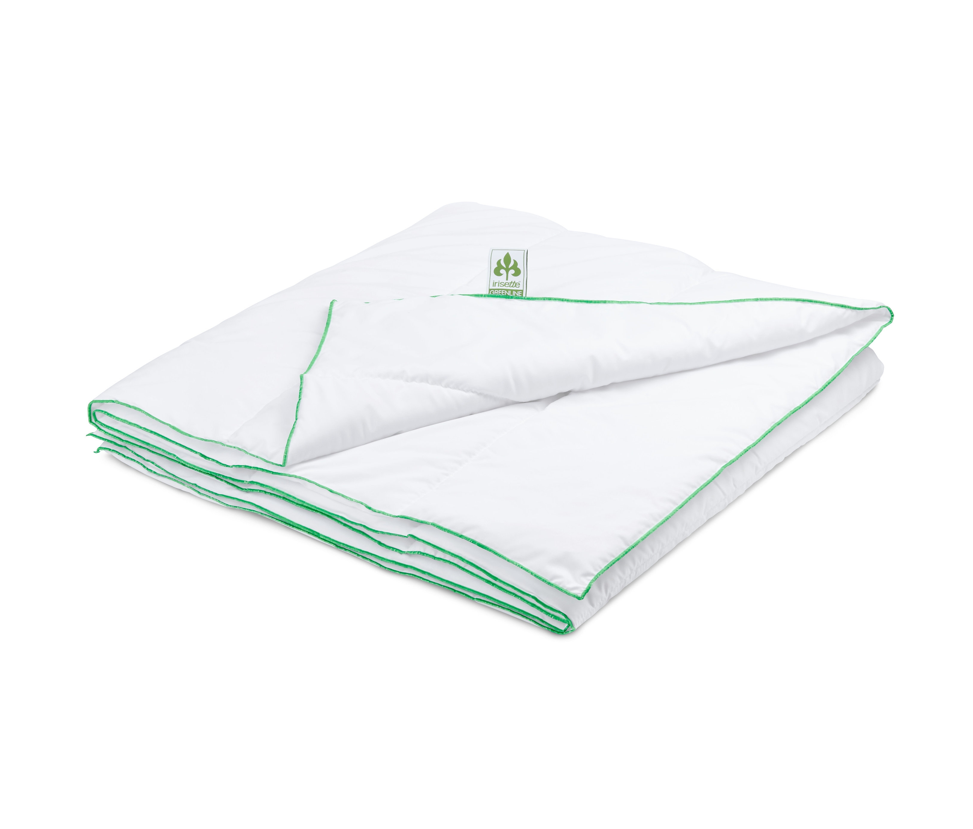 Összehajtott, fehér irisette® vékony paplan zöld szegéllyel.
