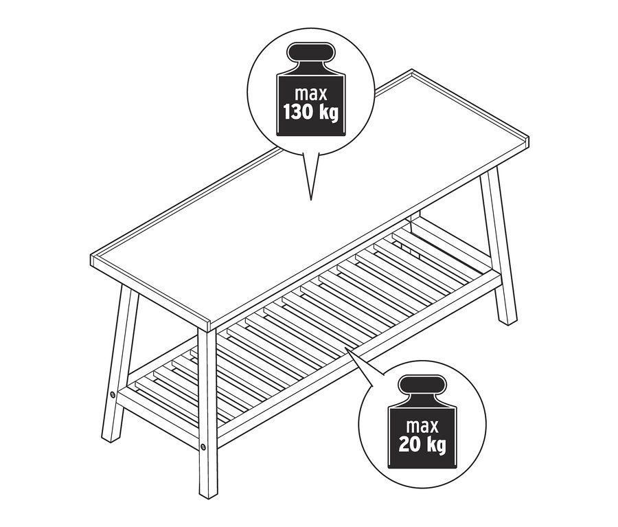 Egy ülőpad cipőtartóval rajza, a felső felület terhelhetősége maximum 130 kg, az alsó tárolófelület terhelhetősége maximum 20 kg.