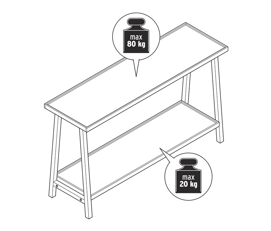 Konzolasztal rajza 2 polccal. A felső polc terhelhetősége 80 kg, az alsó polcé 20 kg.