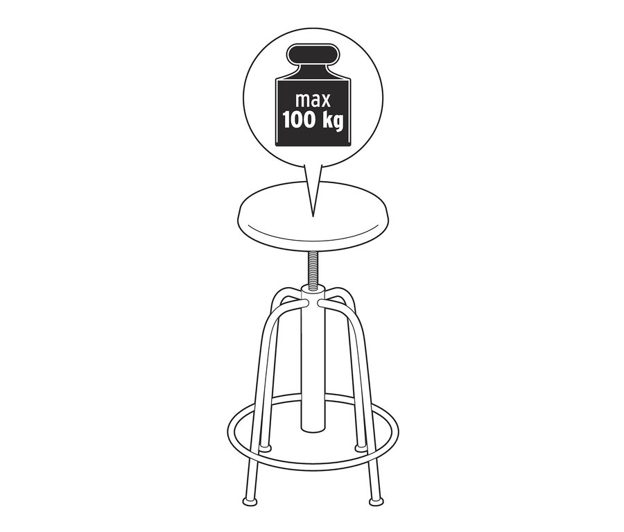Egy állítható magasságú bárszék vázlata. A maximális súlykapacitás 100 kg.