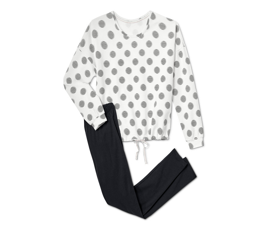 Fehér, fekete pöttyös női pizsama leggings szettel.