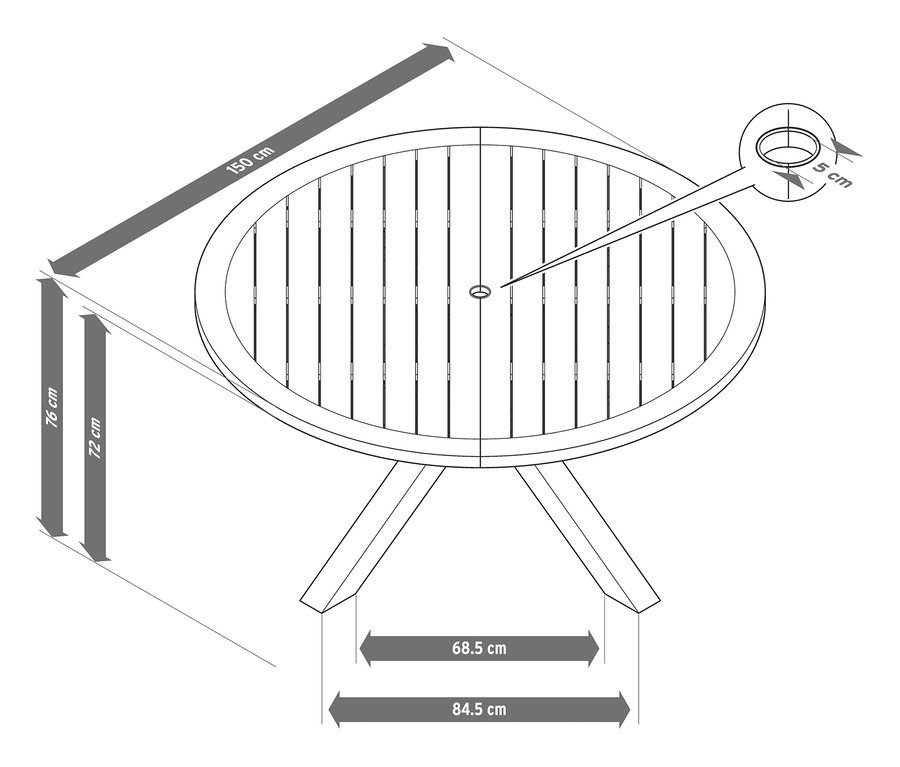 Egy modern X-lábú tíkfa étkezőasztal diagramja, 150 cm x 76 cm-es méretekkel.