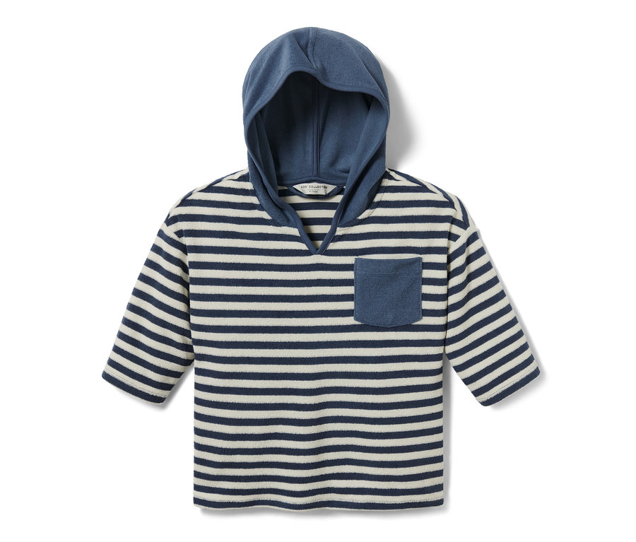 Csíkos gyerek frottírfelső kapucnival és mellzsebbel.