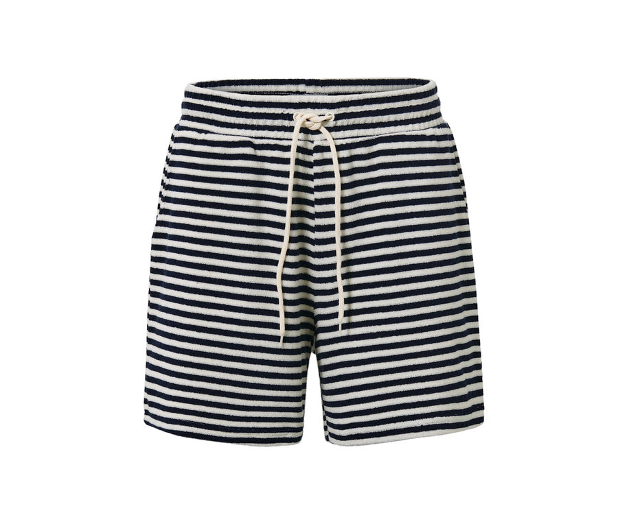 Csíkos frottír rövidnadrág fehér húzózsinórral.