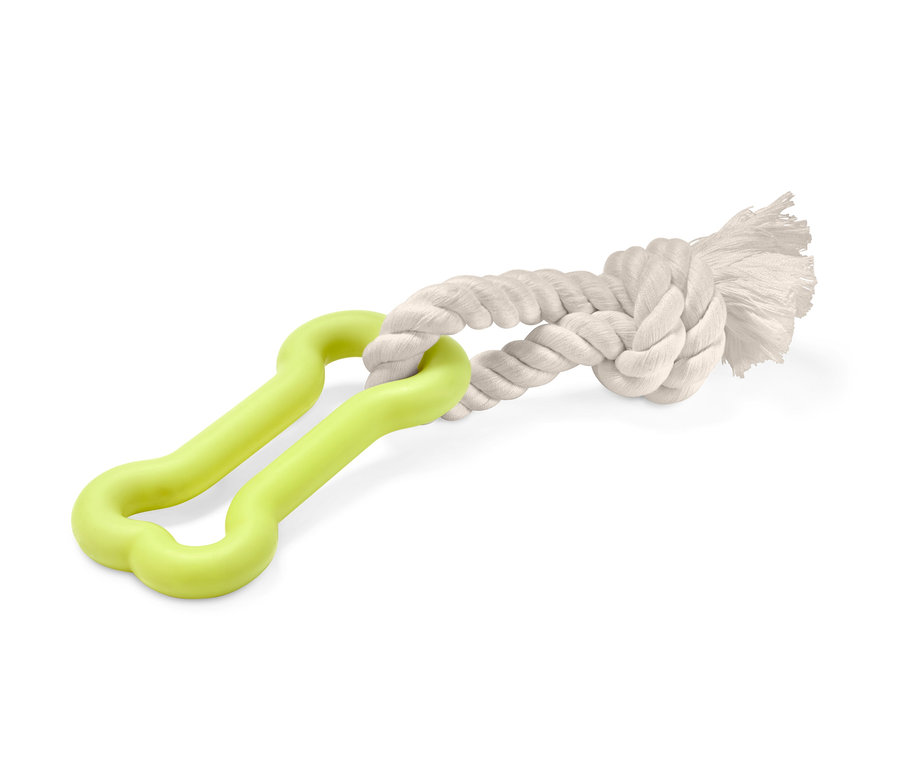 Kutyajáték, kötél és csont: Zöld csont fehér kötélcsomóval összekötve.
