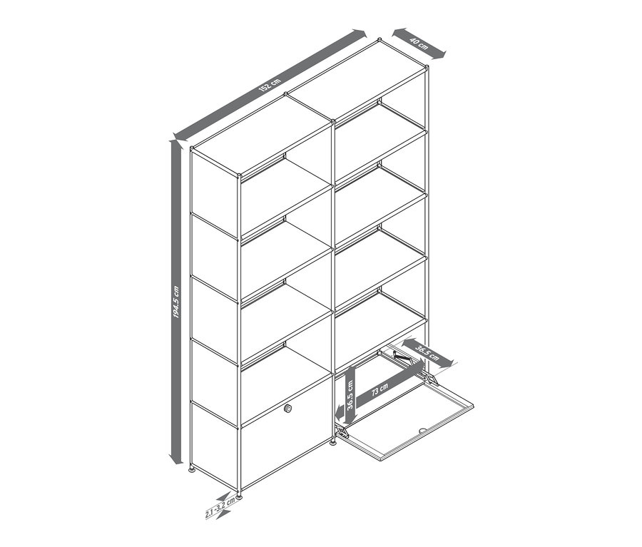 Egy »CN3« polc vázlatrajza 2 ajtóval. Méretek: magasság 194,5 cm, szélesség 152 cm, mélység 40 cm. Az egyik rekesz nyitva van.