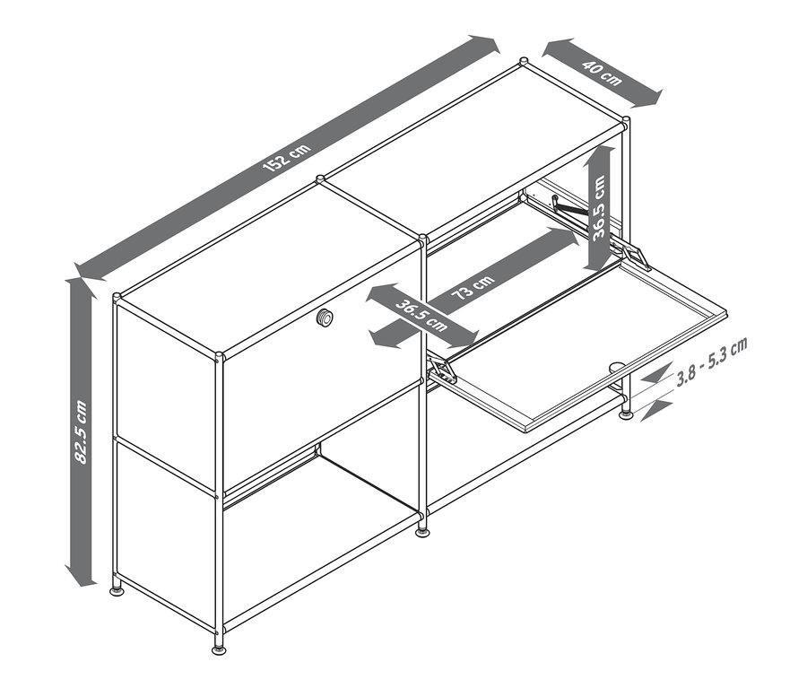 Egy fém polcos komód »CN3« vázlatos rajza 2 áthelyezhető ajtóval és méretekkel.