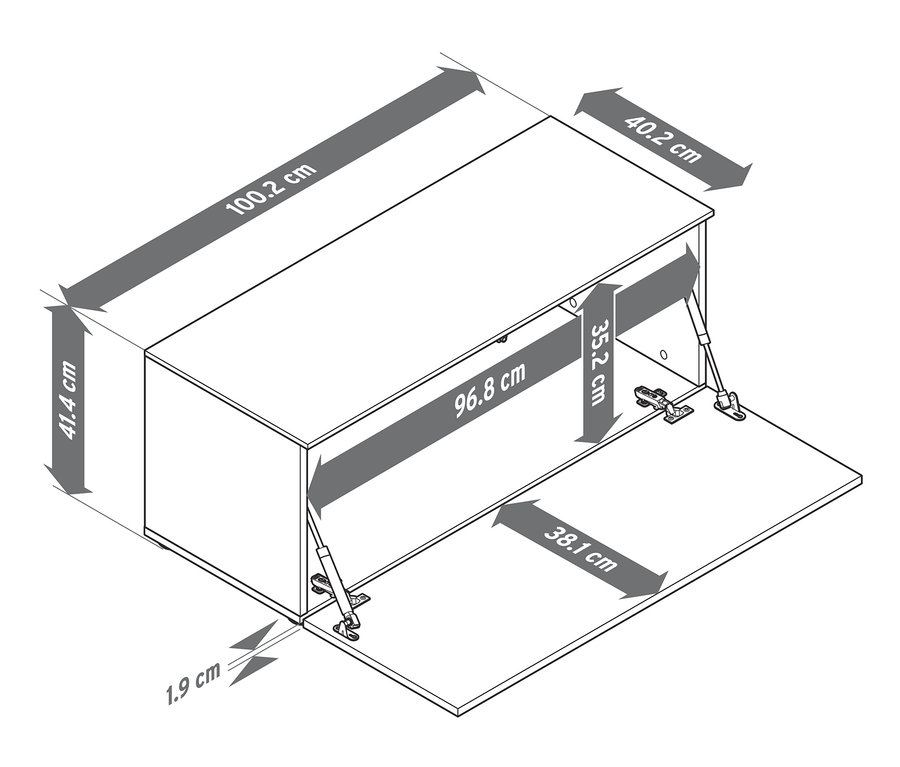 A kb. 100 cm-es ülőpad méretei nyilakkal vannak feltüntetve.