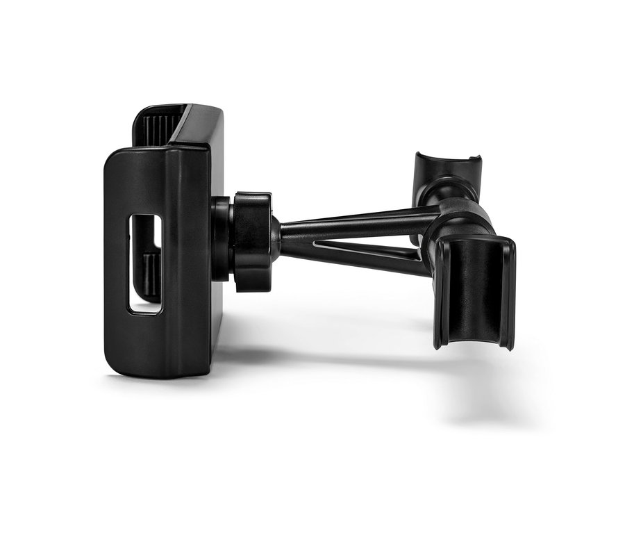 Közelkép egy fekete autós táblagéptartóról.