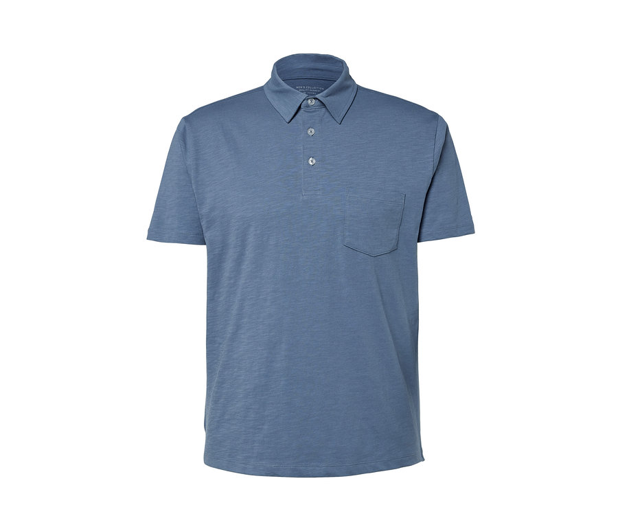 Egy melírozott világoskék, rövid ujjú jersey pólóing mellzsebbel.