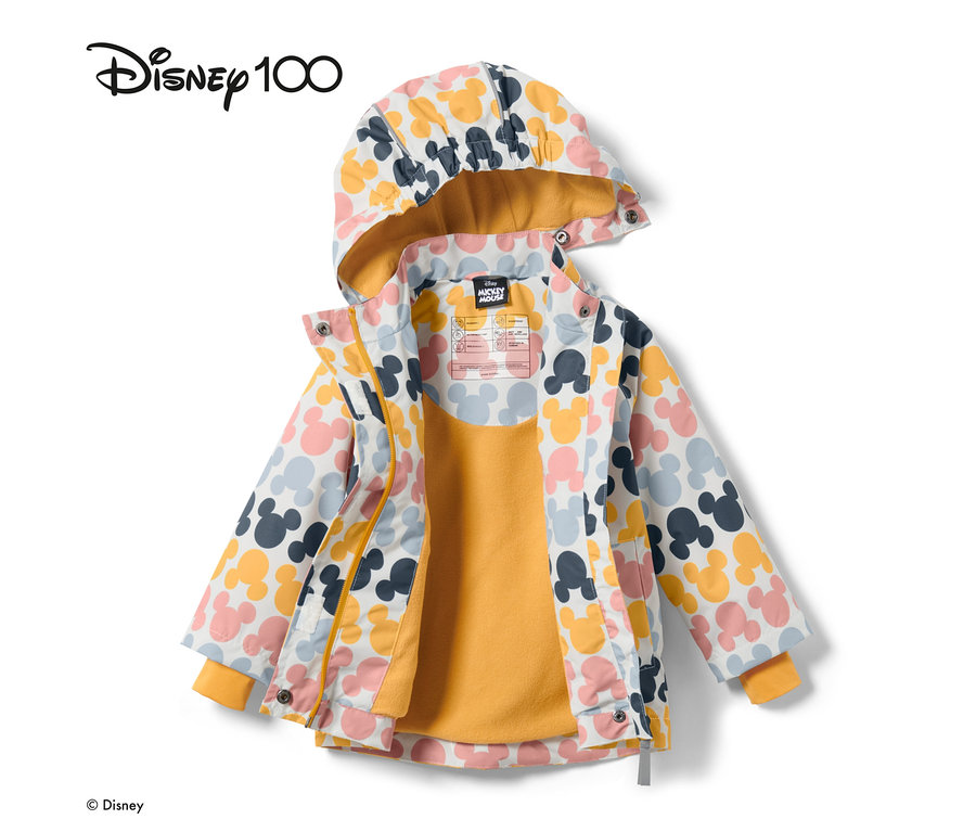 Nyitott, színes »Micky« kisgyerek termo esőkabát kapucnival és Mickey egér mintával.