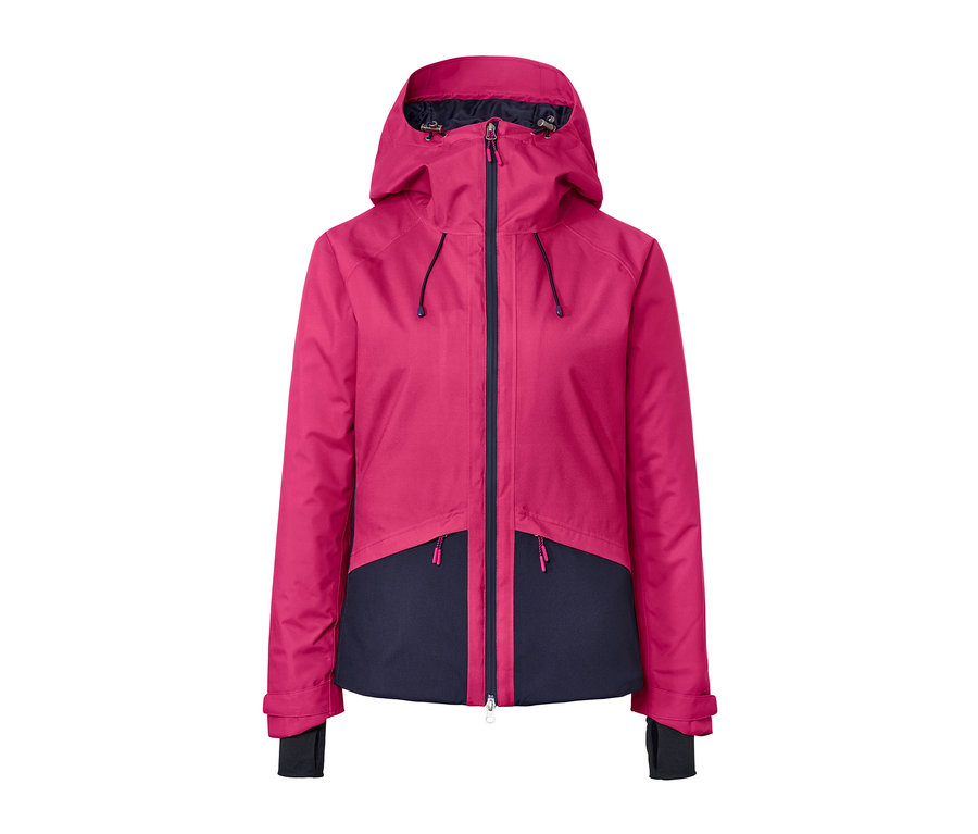 Rózsaszín és sötétkék síkabát cipzárral és kapucnival.