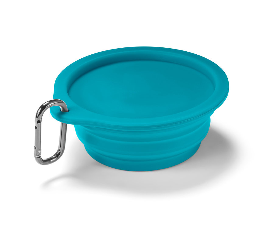 Türkiz összecsukható etetőtál karabinerrel.