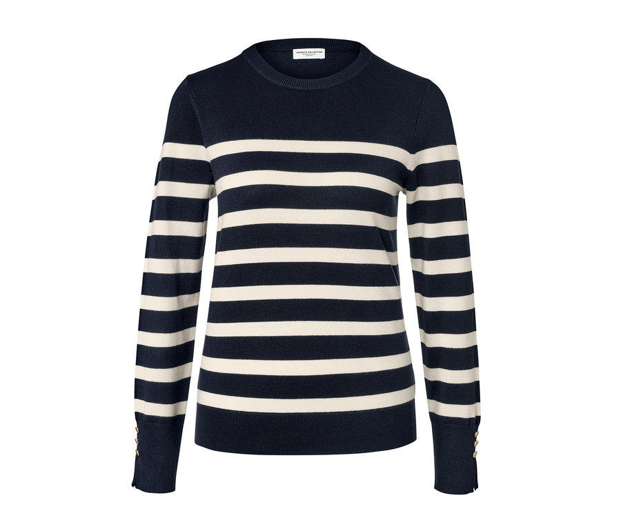 Sötétkék csíkos női finomkötésű pulóver.